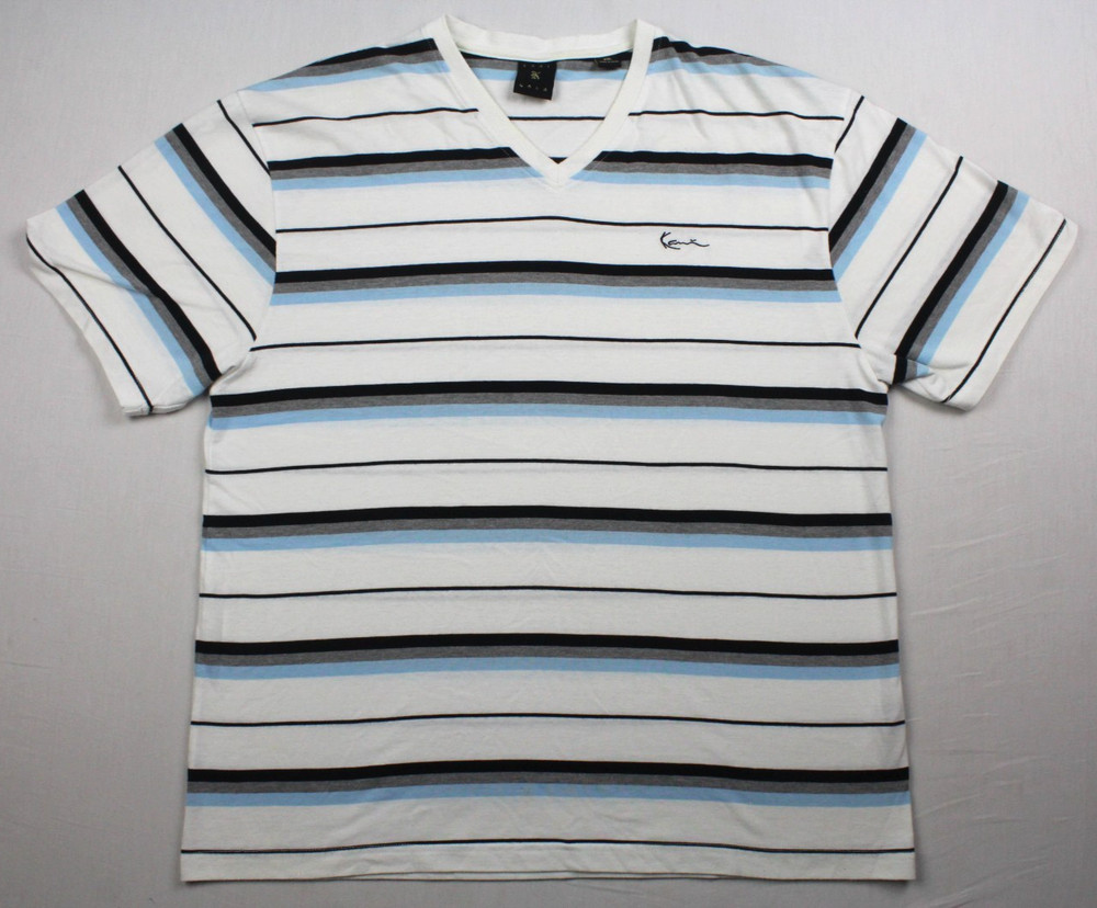 Vintage Y2K Karl Kani Gold Striped V-Neck Short Sleeve T-Shirt Size 2XL