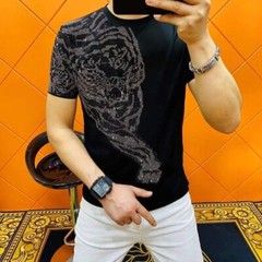 New Hot Drilling Fashion 3D Tiger Rhinestones Summer Luxury Men Black T-Shirt