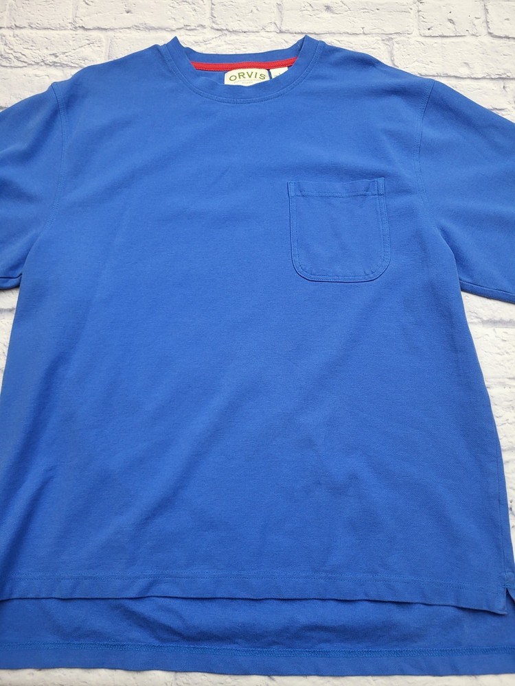 Orvis T-Shirt Blue Solid Cotton Pocket Logo Camp Outdoors Hiking Men Size Large