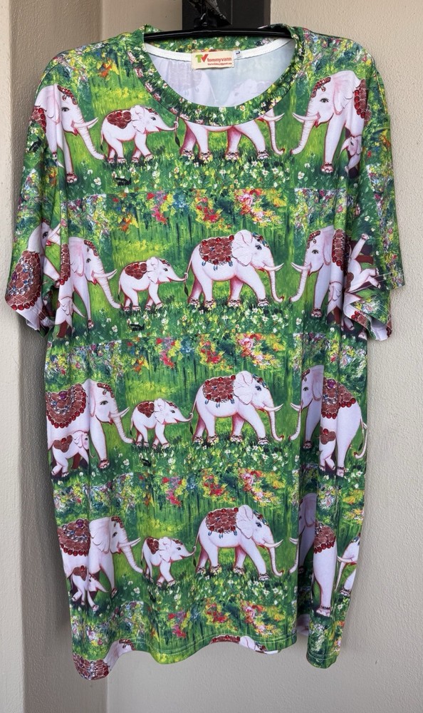Tommy Vann Short Sleeve T-Shirt Pink Elephants/Green Floral Indian Art To Wear L