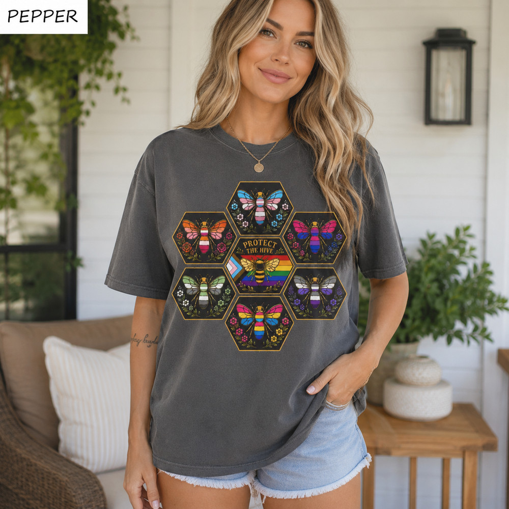 Protect the Hive Pride Shirt LGBTQ Bee Rainbow Graphic Tee