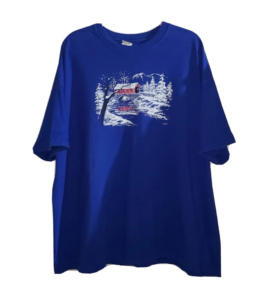 Hanes Blue Coverd Bridge Snow Winter Scene T-shirt Size 3XL