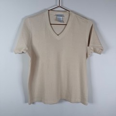 Pierre Cardin Medium Beige V-Neck Waffle Knit Short Sleeve T-Shirt Vtg Unisex