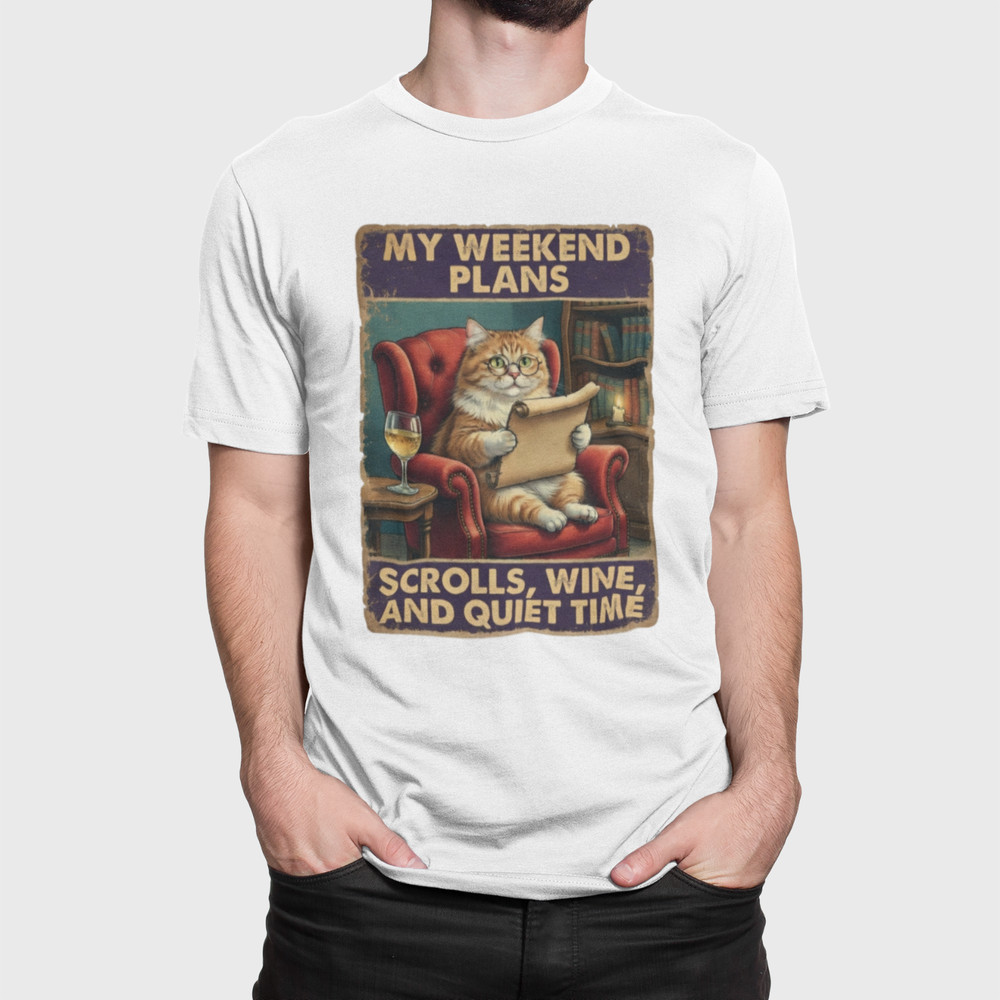 Cat Weekend Plans T-Shirt | Scrolls Wine Quiet Time Retro Tee