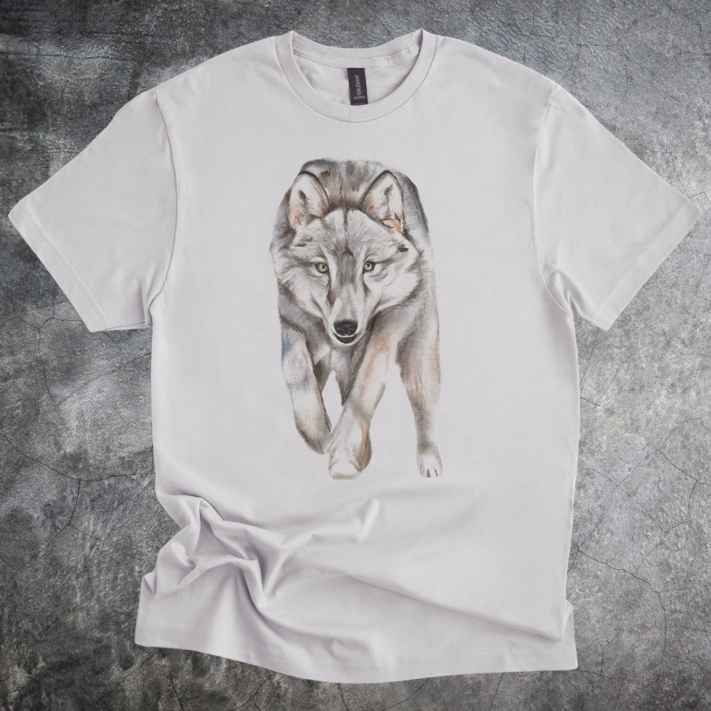 Running Wolf Shirt Realistic Wolf Illustration Wildlife Art Tshirt gray