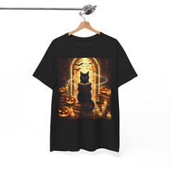 Black Cat Reading Books Pumpkin Autumn Teachers Halloween Cotton T-Shirt