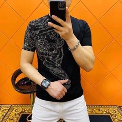 New Hot Drilling Fashion 3D Tiger Rhinestones Summer Luxury Men Black T-Shirt
