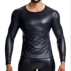 Men’s Round Neck Long Sleeve PU Leather T-shirt Party Club Pullovers Tops Casual