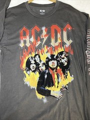 AC/DC Graphic Long Sleeve Band Tee Rock Music Flame Design Pigment Wash Gray L