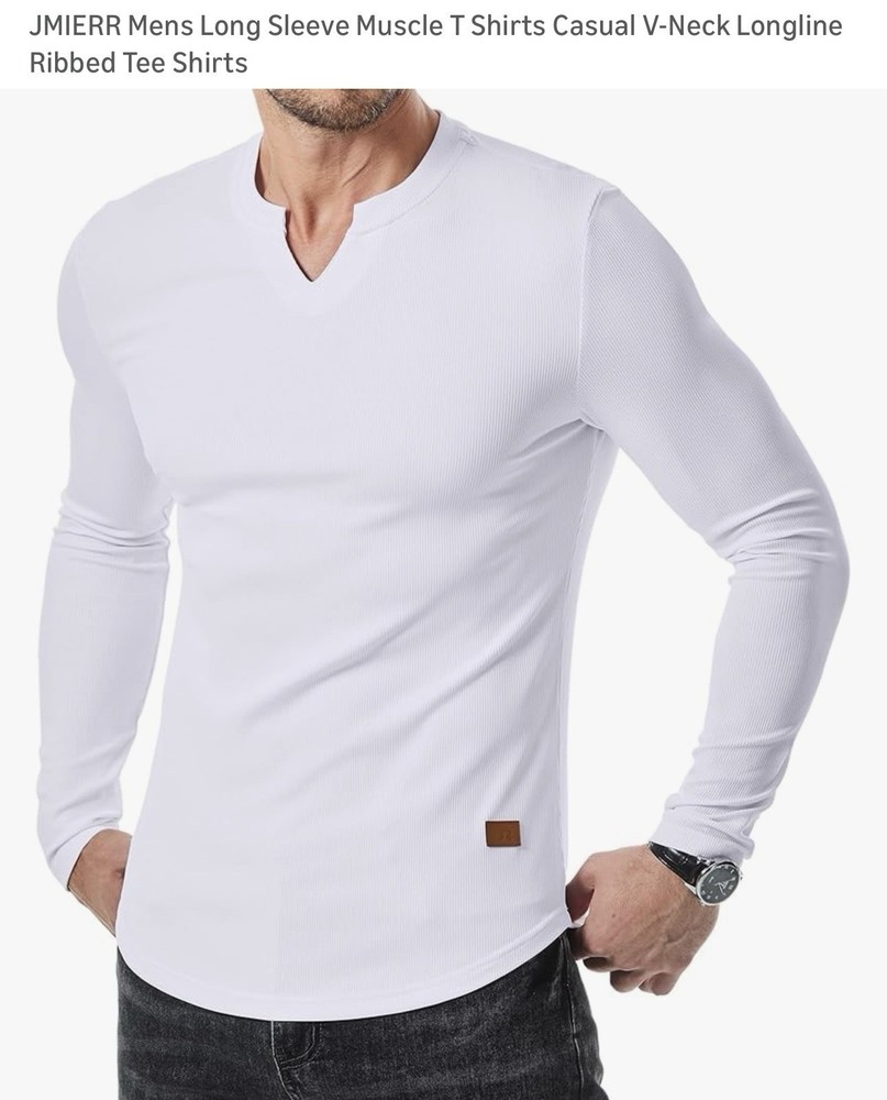 Jmierr Men’s White Long Sleeve Muscle T-Shirt V-Neck Ribbed T-shirt M