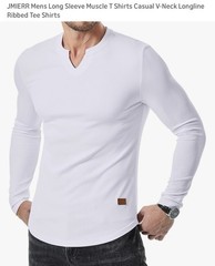 Jmierr Men’s White Long Sleeve Muscle T-Shirt V-Neck Ribbed T-shirt M
