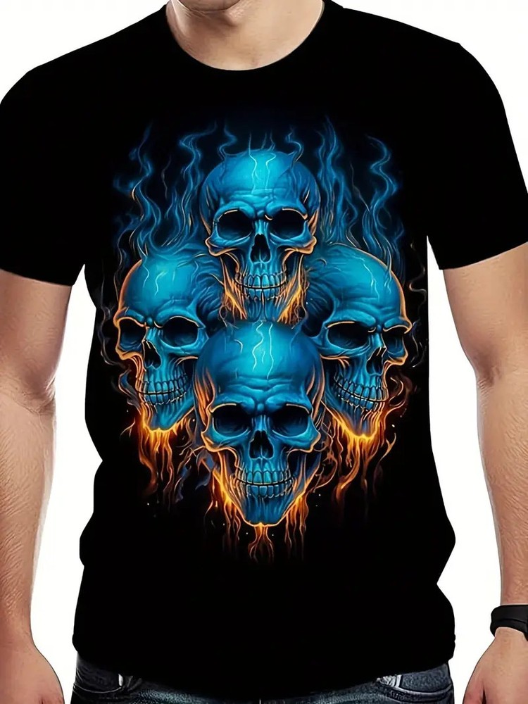 1pc Men’s 3D Printed Skull Graphic T-Shirt – 100% Cotton Black Tee with Blue & O