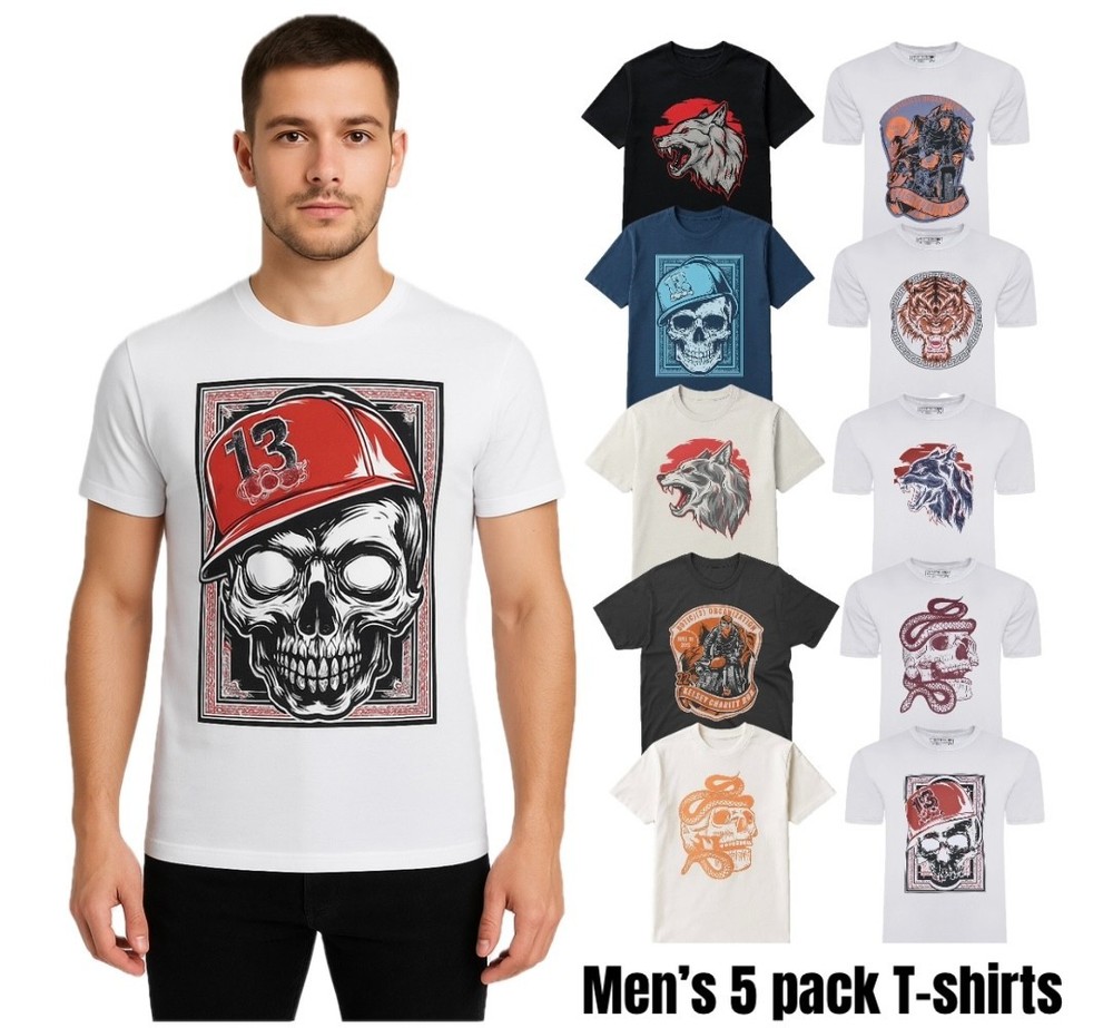 Men’s 5 Pack Printed T-Shirt 100% Cotton Heavy Blend Tees Stretchy Tops XS – 2XL