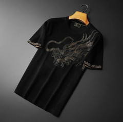 New Men Luxury Diamond Dragon Rhinestones Fashion Knitted T-Shirt
