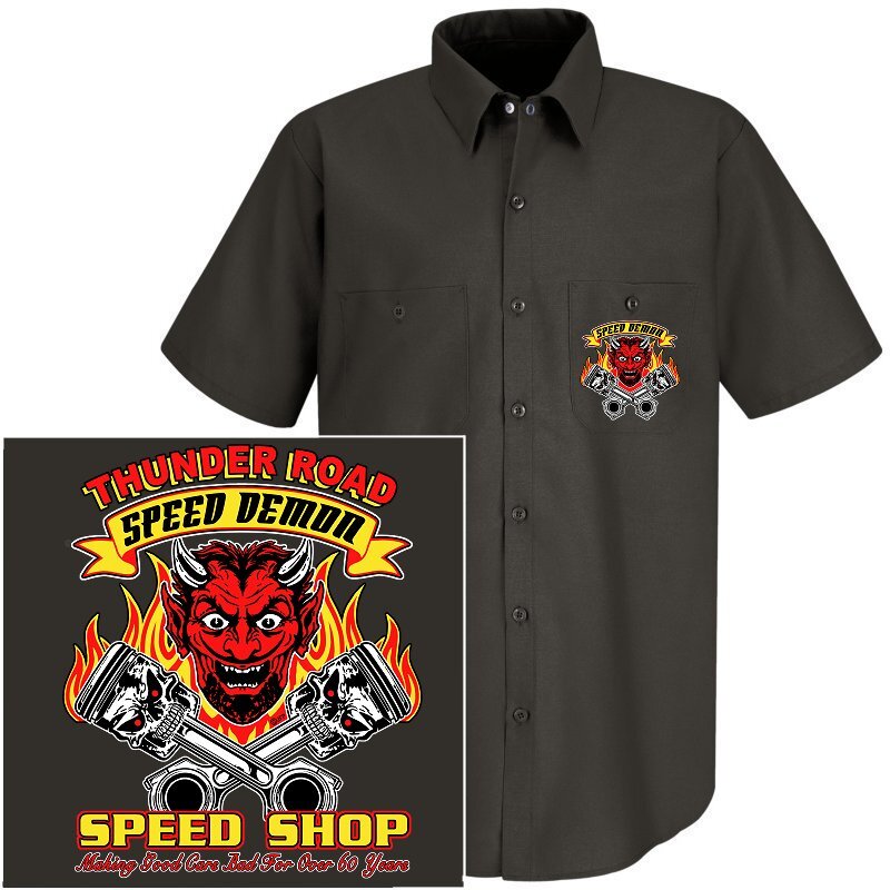 Old School Thunder Road Speed Demon Devil Speed Shop Gasser Race Car Work Shirt