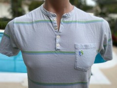 Hang Ten Gold Henley Feet Logo Pocket Striped short sleeve T Shirt Mens XS/S