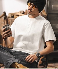 American retro T-shirt men new short-sleeved men summer Henry collar