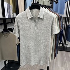 Men’s Breathable Knitted Polo Tee Short Sleeve V Neck Striped Fabric Lightweight