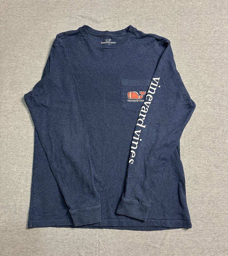 Vineyard Vines Men’s Blue Long Sleeve Pocket Crew Tee Whale Logo Graphic Sz S