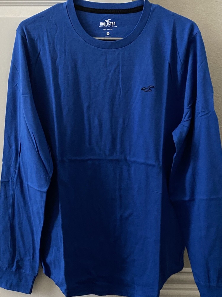 Hollister Men’s Medium Size Blue Long Sleeve Cotton Solid Graphic Tee