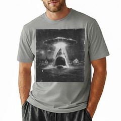 Funny Shark Abduction T-Shirt UFO Alien Vintage Art Sci-Fi Graphic Tee S-5XL
