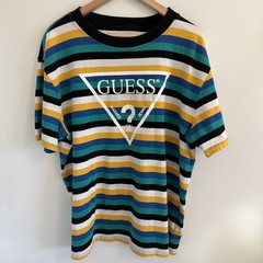 Guess Originals Men’s L Vista Logo T-Shirt Blue Black Yellow Striped Streetwear