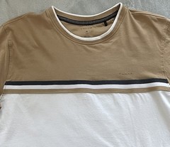 Tahari Mens Medium Short Color Block T Shirt 100% Cotton Tan White Crew Neck