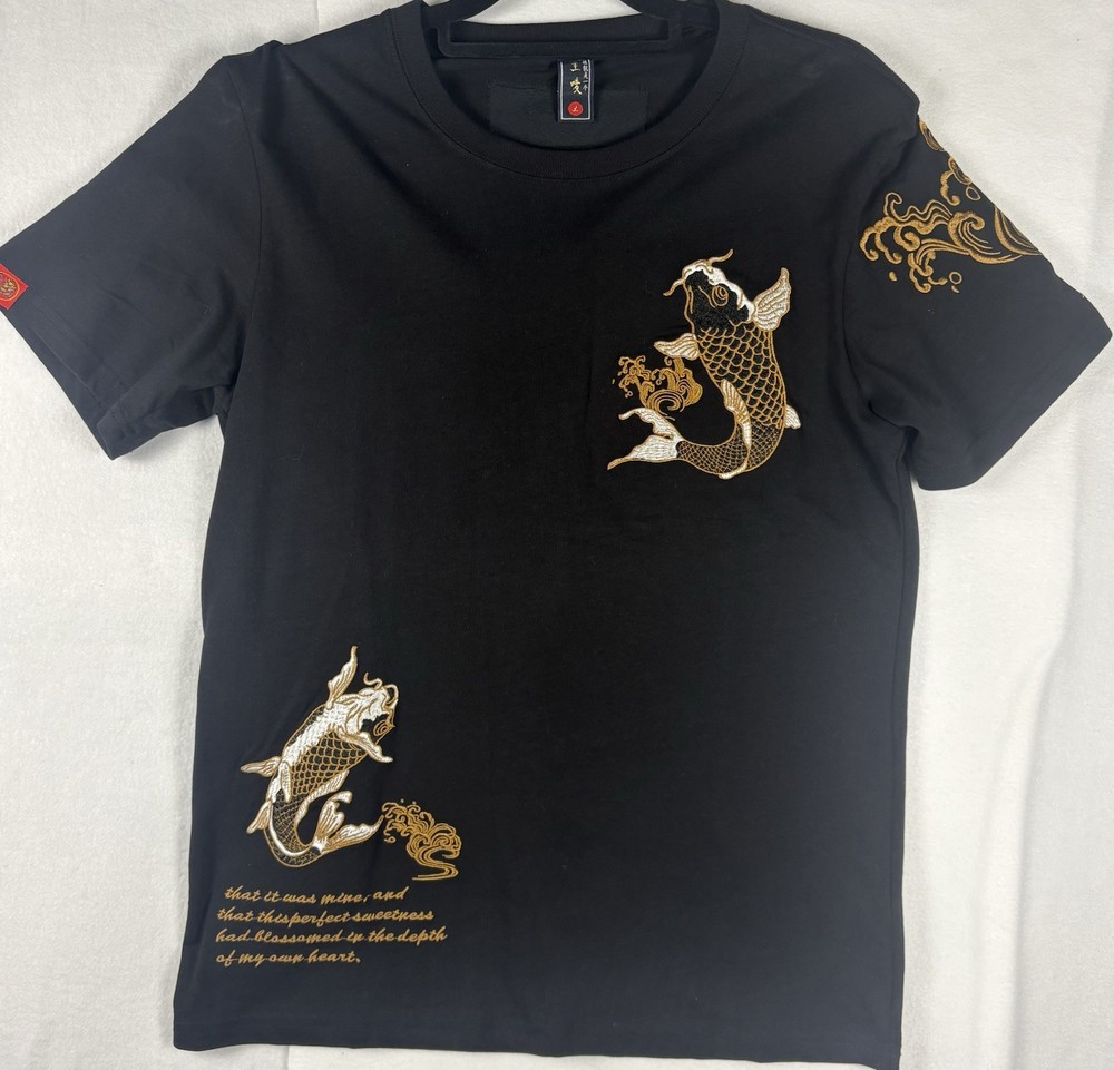 Vintage Style Japanese Brand Sukajan Dragon Embroidered Koi Fish Shirt Black L