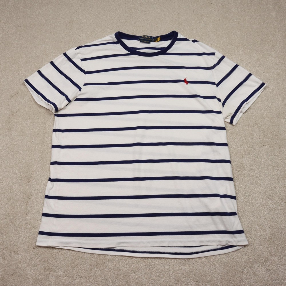 Polo Ralph Lauren Shirt Mens XL White Navy Striped Custom Slim Fit Tee Logo