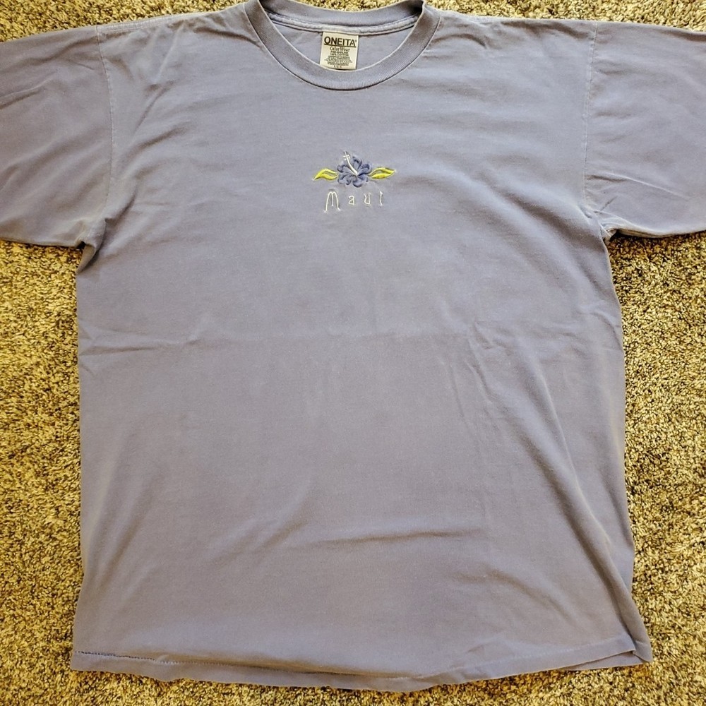Vintage 90s Oneita Color Wear Mens Large T-Shirt Purple Embroidered MAUI, Cotton