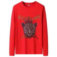 Fashion Leopard Rhinestones Diamond Long Sleeve Luxury Men Trend Cotton T-Shirt