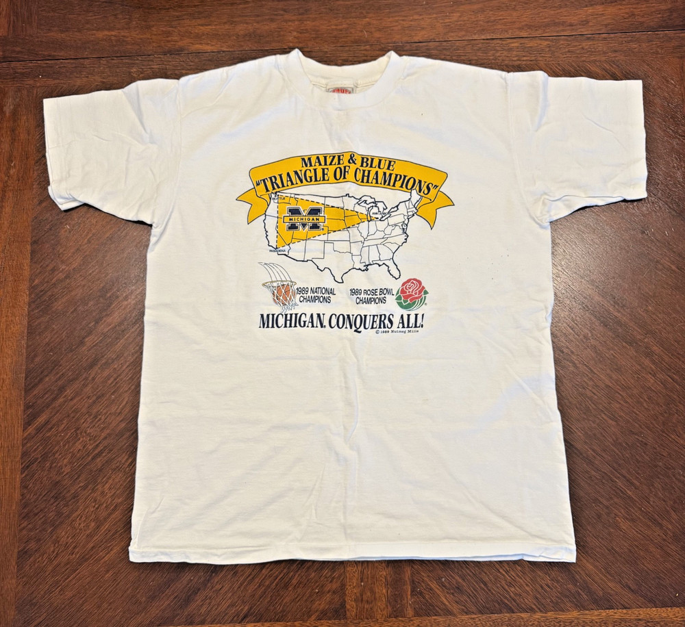 1989 Michigan Wolverines National Champions Basketball & Rose Bowl XL T-Shirt