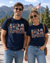 USA Patriotic Landmarks American Flag Eagle Statue of Liberty Graphic T-Shirt