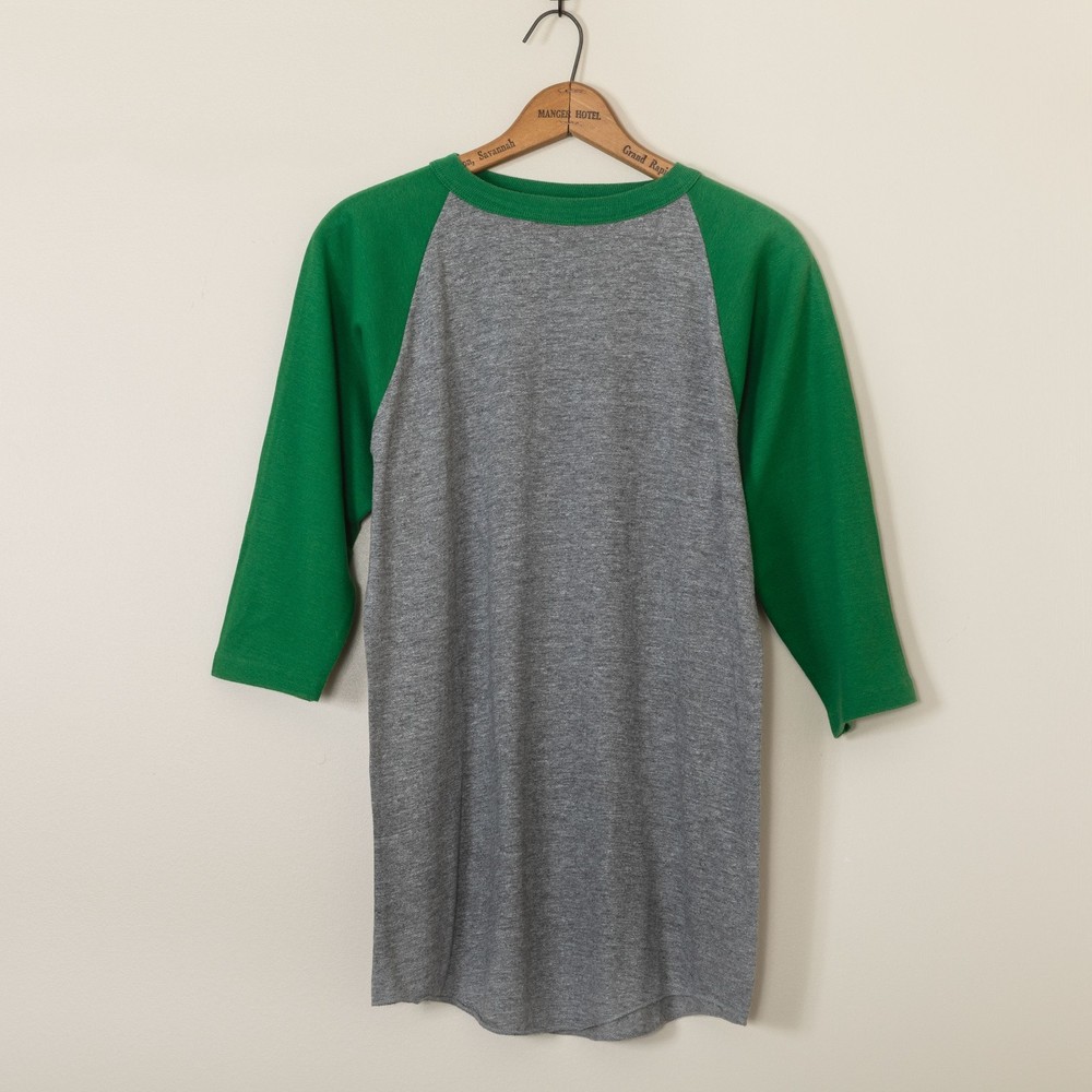 Vintage 70s 80s Blank Raglan Baseball T-Shirt Tri-Blend Single Stitch Green L
