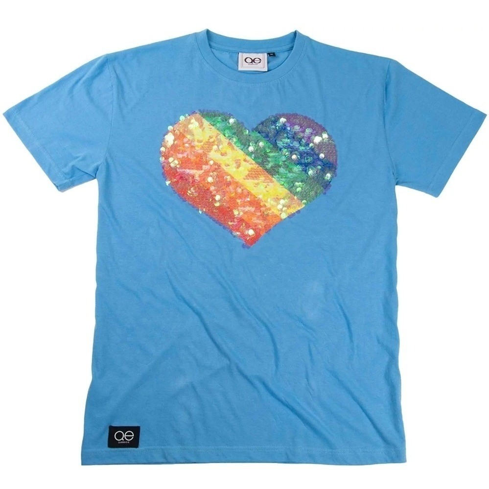 NWT Queer Eye Cyan Sequin Tee Blue Heart Graphic T-Shirt QE116-S Size Small
