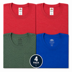 Fruit of the Loom 4-Pack Lg – 2 Coral, 1 Heather Green with Pocket, 1 Ocean Blue