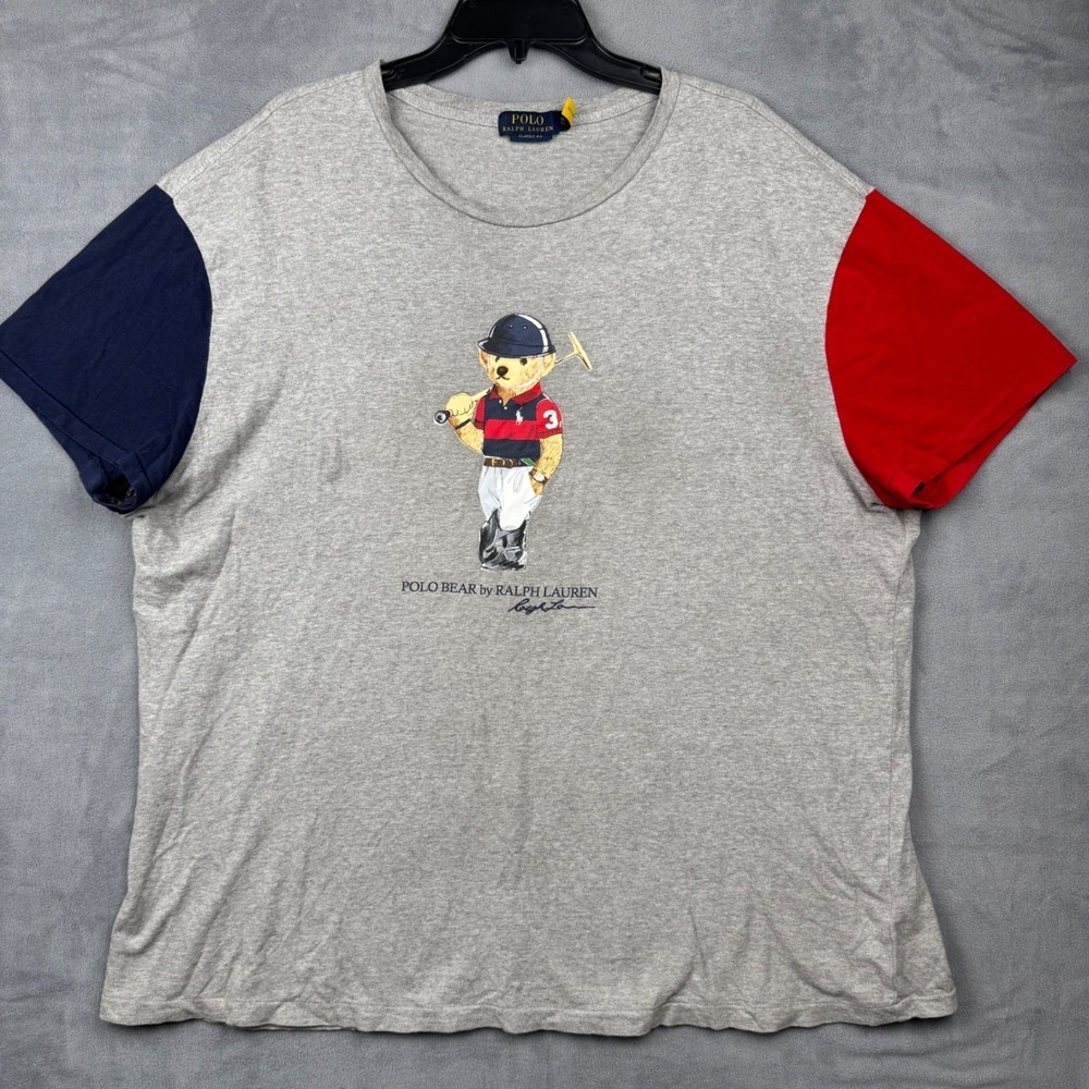 Polo Ralph Lauren Mens Classic Fit Polo Bear Graphic T Shirt XL Grey Red Navy