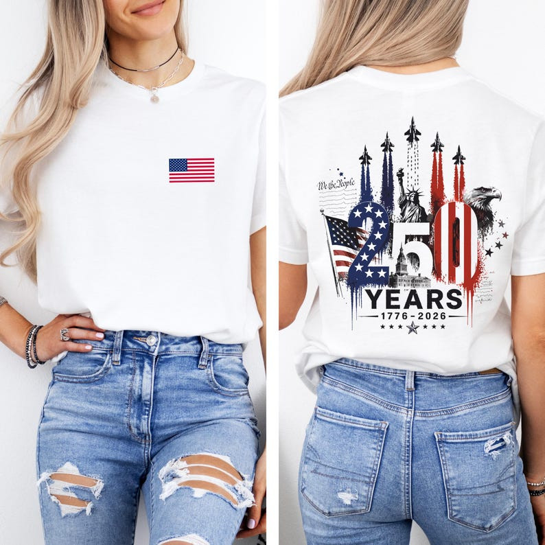 America 250 Shirt, 1776 to 2026 Fighter Jet Tee, Front and Back Print Patriotic