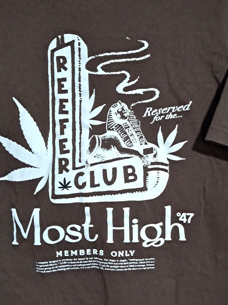 LRG Mens L Reefer Club Most High Graphic T-Shirt Brown L/G 100% Cotton Crew Neck