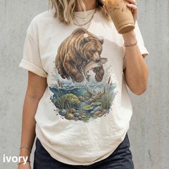 Vintage Bear Fishing Shirt, Grizzly Catching Fish Graphic Tee