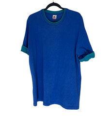 Vtg 90s Fruit of the Loom DOUBLE COLLAR T-Shirt Blue Teal XL/XXL Single Stitch