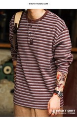 American Casual Striped Men Loose Retro Henry Collar Long-Sleeved T-Shirt Autumn
