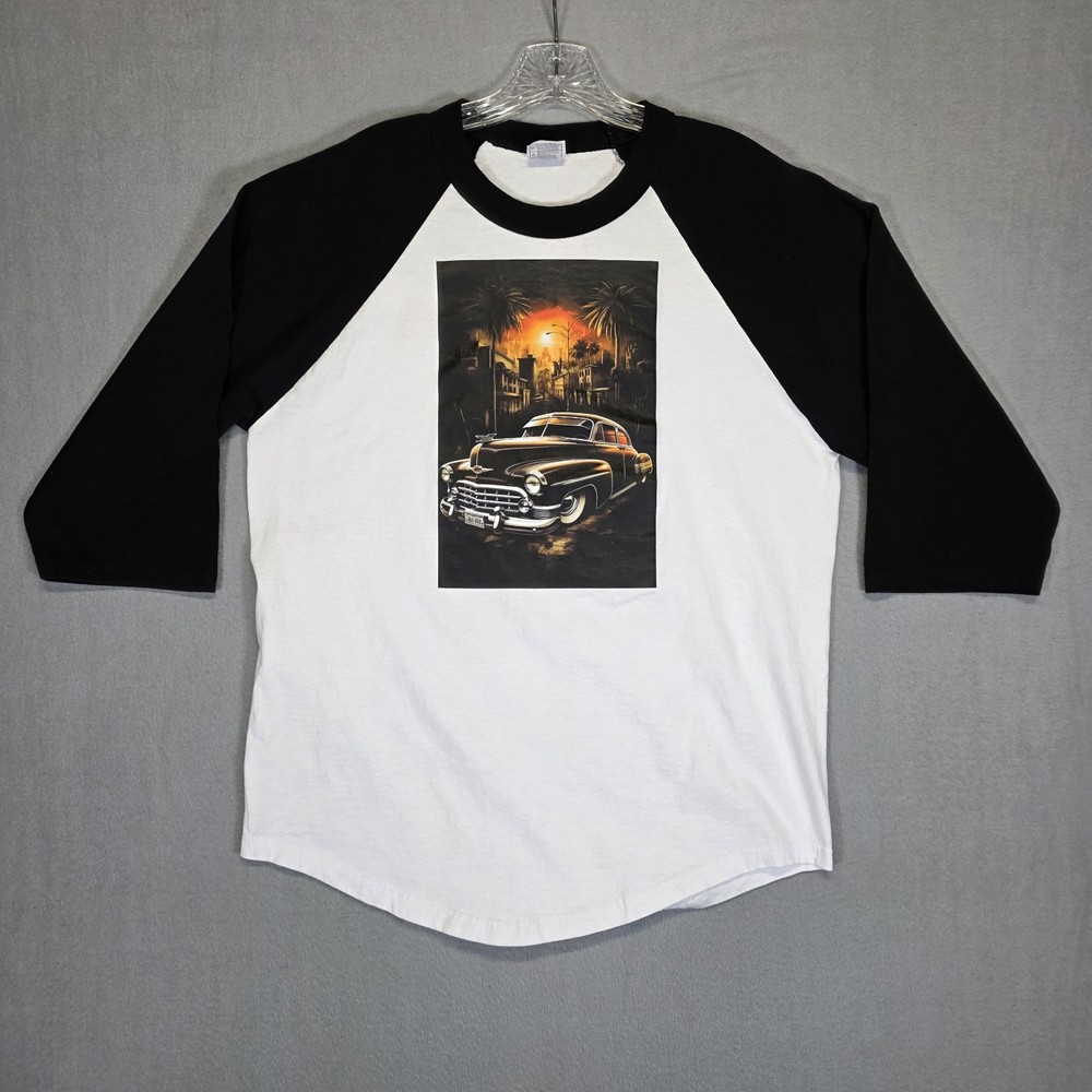 Shaka Active Shirt Mens Large White Black Baseball Raglan Hot Rod Car Y2K