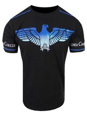 Mens T-Shirt Black Designer Italian Shiny Blue Eagle Bucheli Slim Fit Crew Neck