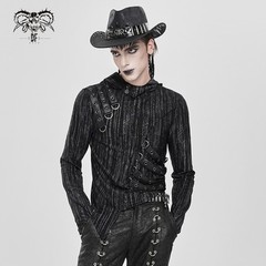 Devil Fashion Men Black And Gray Striped Gothic Asymmetric Hooded T-Shirt Tops