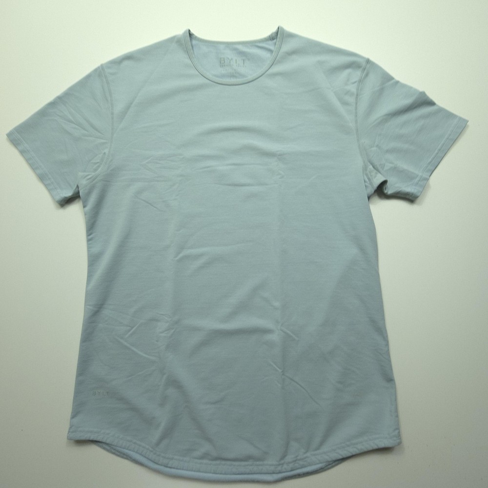 BYLT Mens Shirt Large Light Blue Drop Cut Crewneck Soft Stretch Tee Casual Gym L