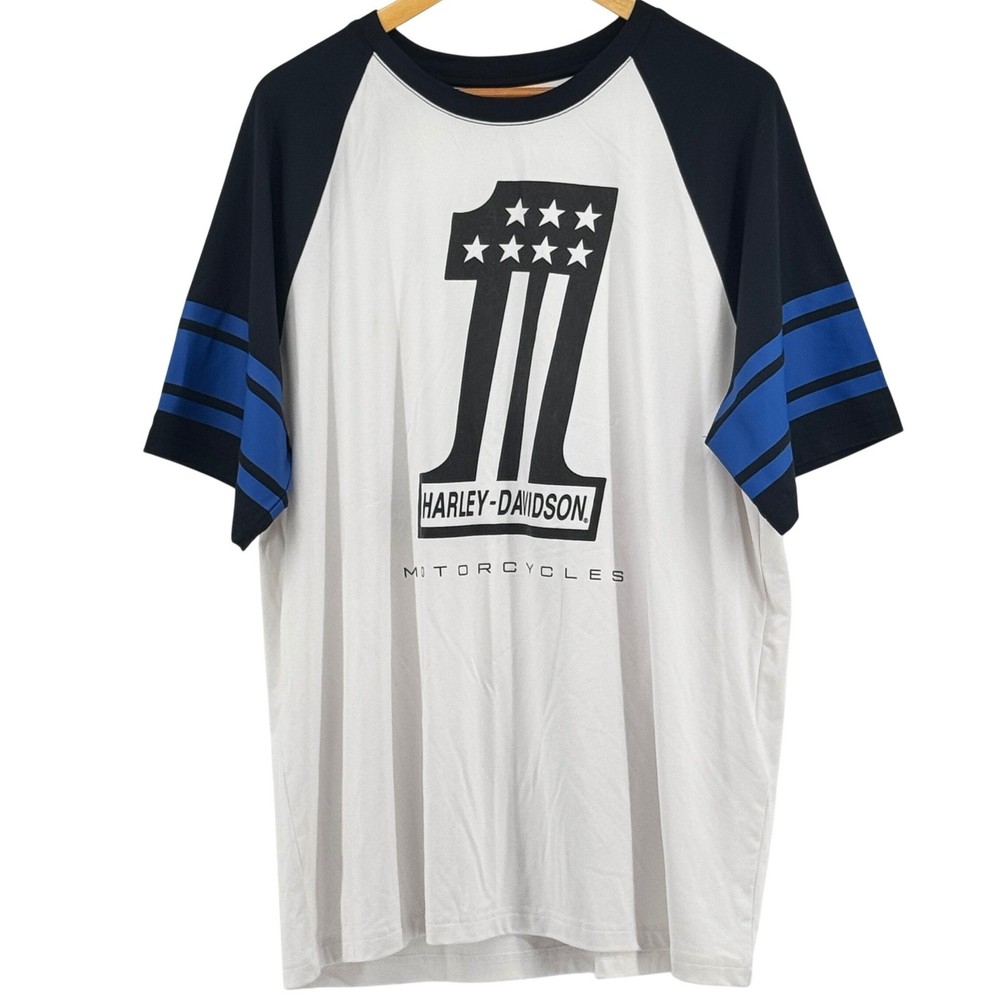 Harley-Davidson Mens XL Raglan Graphic T-Shirt White Blue Number 1 Logo Jersey