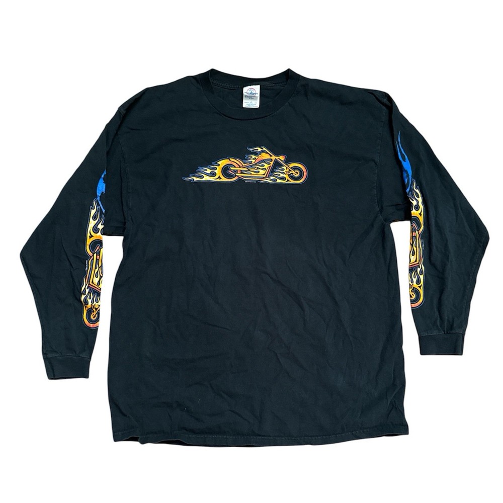 VTG Motorcycle Flames Long Sleeve Tee Shirt Mens Cycle Leather 2003 Black XXL