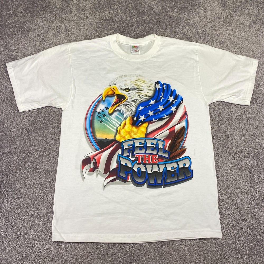 The Power Of Freedom Shirt Men’s Large American Flag Eagle Jets MAGA Pride Y2K