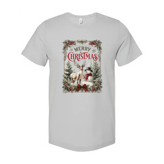 Merry Christmas Graphic Unisex T Shirt With Deer Snowman In Winter Forest Scene